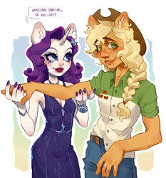 Size: 1908x2048 | Tagged: safe, artist:p0nyplanet, imported from derpibooru, applejack, rarity, anthro, human, equestria girls, admiration, blushing, bracelet, breasts, cleavage, clothes, denim, dialogue, dress, ear fluff, eared humanization, eyeshadow, female, holding, horn, horned humanization, humanized, jeans, jewelry, lesbian, lipstick, makeup, nail polish, necklace, pants, rarijack, shipping, shirt