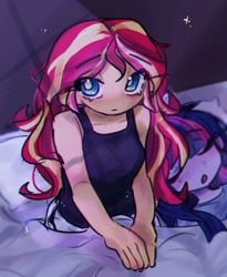 Size: 1015x1237 | Tagged: safe, artist:ulee_7, imported from derpibooru, sci-twi, sunset shimmer, twilight sparkle, equestria girls, bed, clothes, female, lesbian, messy mane, pajamas, scitwishimmer, shipping, sitting, sleeping, sunsetsparkle, tanktop