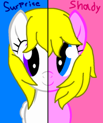 Size: 648x769 | Tagged: safe, artist:piggyman54, imported from derpibooru, shady, surprise, earth pony, pegasus, pony, adoraprise, blue background, cute, duo, female, friends, g1, g1 shadybetes, g1 to g4, g4, generation leap, mare, ms paint, paint.net, pink background, simple background, smiling, two sides