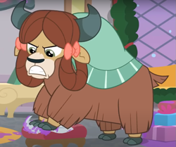 Size: 797x665 | Tagged: safe, imported from derpibooru, screencap, yona, yak, the hearth's warming club, angry, bow, cloven hooves, cropped, female, gritted teeth, hair bow, monkey swings, solo, teeth