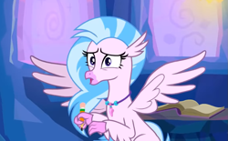 Size: 953x592 | Tagged: safe, imported from derpibooru, screencap, silverstream, classical hippogriff, hippogriff, student counsel, book, cropped, female, jewelry, necklace, pencil, solo, spread wings, treehouse of harmony, wings