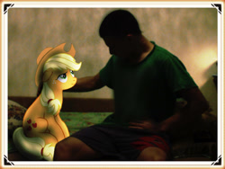 Size: 1024x769 | Tagged: safe, artist:agneypainter, imported from derpibooru, applejack, earth pony, human, pony, applejack's hat, cowboy hat, cute, female, frame, g4, happy new year, hat, holiday, human and pony, human male, jackabetes, looking at each other, looking at someone, looking at you, male, mare, new year, picture frame, present, sitting, smiling, smiling at each other, smiling at you