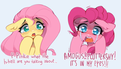 Size: 2560x1453 | Tagged: safe, artist:astralblues, imported from derpibooru, fluttershy, pinkie pie, earth pony, pegasus, pony, amogus eyes, among us, cannot unsee, crying, female, mare, meme, ponified, ponified meme, rule 85