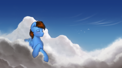 Size: 3392x1906 | Tagged: safe, artist:klooda, imported from derpibooru, oc, oc:sky gamer, bird, pegasus, pony, blushing, cloud, commission, crossed hooves, detailed, eyes closed, folded wings, lying down, male, pegasus oc, sky, smiling, solo, stallion, wings, ych result