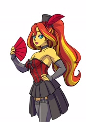 Size: 1448x2048 | Tagged: safe, artist:brother-tico, imported from derpibooru, sunset shimmer, human, equestria girls, bare shoulders, choker, clothes, evening gloves, eyeshadow, fan, female, fingerless elbow gloves, fingerless gloves, garter belt, gloves, hat, lipstick, long gloves, looking at you, makeup, pink eyeshadow, red lipstick, simple background, sleeveless, socks, solo, stockings, strapless, thigh highs, top hat, white background