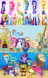 Size: 955x1538 | Tagged: safe, artist:smbros, edit, imported from derpibooru, applejack, fluttershy, pinkie pie, rainbow dash, rarity, sci-twi, twilight sparkle, alicorn, earth pony, human, pegasus, pony, unicorn, equestria girls, my little pony: pony life, crossover, humane five, humane six, lego, mane six, minecraft, mr. krabs, patrick star, plankton, sandy cheeks, spongebob squarepants, spongebob squarepants (character), squidward tentacles, twilight sparkle (alicorn), unicorn twilight