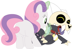 Size: 3568x2409 | Tagged: safe, artist:porygon2z, imported from derpibooru, sweetie belle, pony, unicorn, broken horn, butt, collar, crossover, cute, diasweetes, duo, female, filly, foal, horn, king clawthorne, laughing, male, pet tag, plot, show accurate, simple background, skull, sweetie butt, the owl house, tickling, titan, transparent background