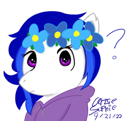 Size: 512x485 | Tagged: safe, artist:ideletedsystem64, imported from derpibooru, oc, pegasus, semi-anthro, blue mane, clothes, female, flower, flower in hair, hoodie, huh, looking at you, mare, purple eyes, solo, white body