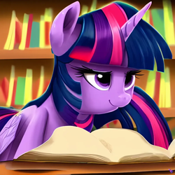 Size: 1024x1024 | Tagged: safe, imported from derpibooru, twilight sparkle, alicorn, pony, ai content, ai generated, book, generator:purplesmart.ai, happy, library, solo, twilight sparkle (alicorn)