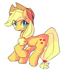 Size: 1023x1140 | Tagged: safe, artist:maren, imported from derpibooru, applejack, earth pony, pony, 2013, female, looking sideways, mare, old art, raised hoof, simple background, solo, white background