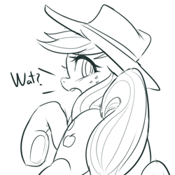 Size: 2000x2000 | Tagged: safe, artist:maren, imported from derpibooru, applejack, earth pony, pony, 2014, dialogue, doodle, female, high res, mare, old art, raised hoof, rear view, solo, startled