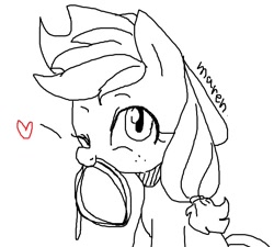 Size: 698x628 | Tagged: safe, artist:maren, imported from derpibooru, applejack, earth pony, pony, 2017, doodle, female, heart, mare, mouth hold, old art, one eye closed, rope, sitting, solo