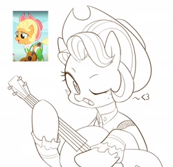 Size: 2700x2600 | Tagged: safe, artist:maren, imported from derpibooru, screencap, applejack, earth pony, pony, sparkle's seven, 2018, acoustic guitar, apple chord, bust, clothes, costume, doodle, female, guitar, heart, high res, mare, musical instrument, old art, one eye closed, screencap reference, solo