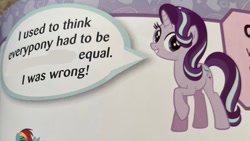 Size: 1024x576 | Tagged: safe, artist:twiiisparkle, edit, imported from derpibooru, rainbow dash, starlight glimmer, pegasus, pony, unicorn, female, irl, mare, offscreen character, photo, raised hoof, speech bubble, text