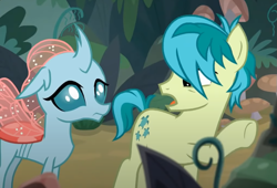 Size: 849x579 | Tagged: safe, imported from derpibooru, screencap, ocellus, sandbar, changedling, changeling, earth pony, pony, non-compete clause, cropped, duo, female, looking at each other, looking at someone, male, pointing, raised hoof