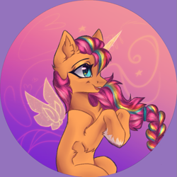 Size: 803x803 | Tagged: safe, artist:jsunlight, imported from derpibooru, sunny starscout, alicorn, earth pony, pony, abstract background, chest fluff, ear fluff, ethereal horn, ethereal wings, female, floating wings, g5, mare, my little pony: a new generation, open mouth, open smile, race swap, smiling, solo, sunnycorn, wings