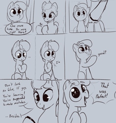 Size: 1600x1700 | Tagged: safe, artist:storyteller, imported from derpibooru, oc, oc only, oc:omelette, earth pony, pony, colt, comic, cute, dialogue, female, foal, grayscale, hoof polish, male, mare, monochrome, open mouth, open smile, sign language, sitting, sketch, smiling, speech bubble, starry eyes, wingding eyes