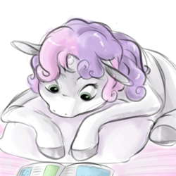 Size: 768x768 | Tagged: safe, artist:smirk, imported from derpibooru, sweetie belle, pony, unicorn, magazine, pillow, sketch, solo