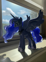 Size: 1280x1707 | Tagged: safe, artist:emeraldparrot, imported from derpibooru, princess luna, alicorn, pony, figurine, painterly, realistic, solo, still life, technically advanced, toy interpretation, window