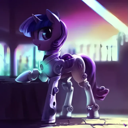 Size: 701x701 | Tagged: safe, imported from derpibooru, prompter:zealousmagician, oc, oc only, unnamed oc, pony, robot, robot pony, unicorn, ai content, ai generated, blurry background, cute, female, generator:purplesmart.ai, generator:stable diffusion, horn, looking at you, mare, metallic, open mouth, open smile, smiling, smiling at you, solo, standing, unicorn oc