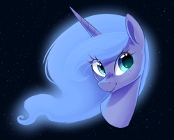 Size: 1575x1268 | Tagged: safe, artist:thebatfang, imported from derpibooru, princess luna, alicorn, pony, black background, bust, eye clipping through hair, female, freckles, head only, looking at you, mare, s1 luna, smiling, solo, space, space background, stars