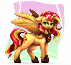 Size: 1000x913 | Tagged: safe, artist:inkypuso, imported from derpibooru, sunset shimmer, alicorn, pony, equestria girls, alicornified, commission, female, lidded eyes, mare, peytral, race swap, shimmercorn, solo