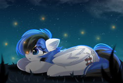 Size: 2767x1869 | Tagged: safe, artist:janelearts, imported from derpibooru, oc, oc only, oc:kezzie, firefly (insect), insect, pegasus, pony, female, lying down, mare, night, prone, solo