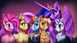 Size: 3840x2160 | Tagged: safe, artist:tenebrisnoctus, imported from derpibooru, applejack, fluttershy, pinkie pie, rainbow dash, rarity, twilight sparkle, alicorn, earth pony, pegasus, pony, unicorn, 4k, clothes, female, granny smith's shawl, group photo, height difference, high res, mane six, mare, older, older applejack, older fluttershy, older mane six, older pinkie pie, older rainbow dash, older rarity, older twilight, princess twilight 2.0, scarf, size difference, twilight sparkle (alicorn)
