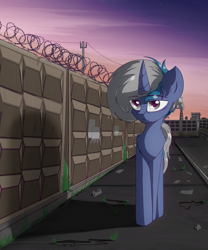 Size: 2114x2542 | Tagged: safe, artist:rainydark, imported from derpibooru, oc, oc only, pony, unicorn, barbed wire, blue hair, digital art, grass, gray eyes, grey hair, horn, industrial, male, sad, sky, solo, street, unicorn oc, walking, wall