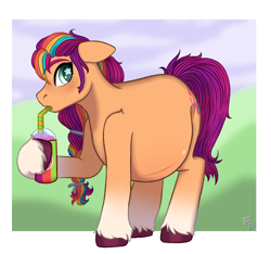 Size: 2710x2534 | Tagged: safe, artist:ponykittenboi, derpibooru exclusive, imported from derpibooru, sunny starscout, earth pony, pony, belly, belly blush, big belly, braid, drinking, female, floppy ears, freckles, g5, hair tie, holding, looking at you, mare, multicolored hair, pregnant, signature, simple background, smoothie, solo, straw, unshorn fetlocks, watermark