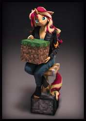 Size: 4000x5656 | Tagged: safe, artist:imafutureguitarhero, imported from derpibooru, sunset shimmer, anthro, classical unicorn, unguligrade anthro, unicorn, art pack:fun n games 2022, 3d, absurd resolution, border, cheek fluff, chromatic aberration, clothes, cloven hooves, colored eyebrows, colored eyelashes, crossover, denim, ear fluff, ear freckles, equestria girls outfit, female, film grain, floppy ears, fluffy, fluffy mane, fluffy tail, freckles, fur, grass, grass block, horn, jacket, jeans, leather, leather jacket, leonine tail, long hair, long mane, looking at you, mare, minecraft, multicolored hair, multicolored mane, multicolored tail, nose wrinkle, one ear down, paintover, pants, peppered bacon, piston, pun, revamped anthros, revamped ponies, signature, solo, source filmmaker, sunset shimmer is not amused, tail, touch grass, unamused, unshorn fetlocks, visual pun, wall of tags