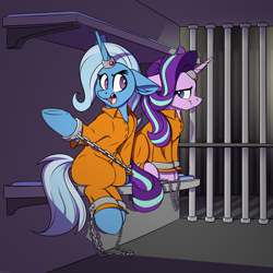 Size: 3840x3840 | Tagged: safe, artist:notetaker, derpibooru exclusive, imported from derpibooru, starlight glimmer, trixie, pony, unicorn, clothes, commissioner:rainbowdash69, cuffed, cuffs, frustrated, high res, horn, horn ring, jail, jail cell, jumpsuit, magic suppression, never doubt rainbowdash69's involvement, open mouth, prison, prison outfit, prisoner sg, prisoner tx, ring, shackles, sitting