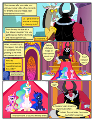 Size: 612x792 | Tagged: safe, artist:newbiespud, edit, edited screencap, imported from derpibooru, screencap, discord, lord tirek, princess cadance, princess celestia, princess luna, alicorn, centaur, draconequus, pony, taur, comic:friendship is dragons, twilight's kingdom, comic, dialogue, female, horns, indoors, male, mare, screencap comic, throne