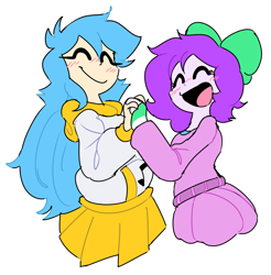 Size: 2147x2180 | Tagged: safe, artist:doodlegamertj, imported from derpibooru, oc, oc only, oc:mable syrup, oc:musicallie, human, equestria girls, blue hair, bow, clothes, deaf, dress, female, hair bow, happy, hoodie, lesbian, music notes, pride, purple hair, simple background, skirt, smiling, sticker, transparent background