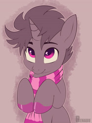 Size: 2700x3600 | Tagged: safe, artist:renabu, imported from derpibooru, oc, oc only, oc:2tense, pony, unicorn, clothes, hoof polish, looking at you, looking up, looking up at you, scarf, signature, solo, striped scarf
