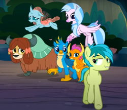 Size: 892x773 | Tagged: safe, imported from derpibooru, screencap, gallus, ocellus, sandbar, silverstream, smolder, yona, changedling, changeling, classical hippogriff, dragon, earth pony, griffon, hippogriff, pony, yak, uprooted, bow, cloven hooves, cropped, dragoness, female, flying, hair bow, jewelry, lidded eyes, male, monkey swings, necklace, student six