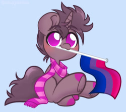 Size: 945x846 | Tagged: safe, artist:ninnydraws, imported from derpibooru, oc, oc only, oc:2tense, pony, unicorn, bisexual pride flag, blue background, blushing, chibi, clothes, hoof polish, pride, pride flag, scarf, signature, simple background, sitting, solo, striped scarf