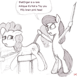 Size: 313x310 | Tagged: safe, artist:rusticanon, imported from derpibooru, octavia melody, pinkie pie, earth pony, pony, abuse, angry, crying, duo, female, mare, musical instrument, organ, pinkiebuse, punishment, simple background, spanking, speech bubble, standing on two hooves, tears of pain, text, traditional art, white background