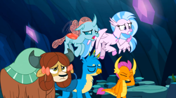 Size: 1600x897 | Tagged: safe, imported from derpibooru, screencap, gallus, ocellus, silverstream, smolder, yona, changedling, changeling, classical hippogriff, dragon, griffon, hippogriff, yak, uprooted, bow, colored hooves, dragoness, eyes closed, facepalm, female, flying, hair bow, jewelry, male, monkey swings, necklace