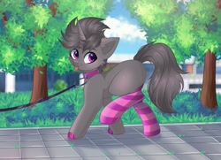 Size: 1449x1049 | Tagged: safe, artist:freyamilk, imported from derpibooru, oc, oc only, oc:2tense, pony, unicorn, :p, blank flank, blushing, clothes, collar, grass, hoof polish, leash, looking at you, male, outdoors, pet play, pony pet, socks, solo, striped socks, thigh highs, tongue out, tree