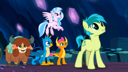 Size: 1600x898 | Tagged: safe, imported from derpibooru, screencap, gallus, sandbar, silverstream, smolder, yona, classical hippogriff, dragon, earth pony, griffon, hippogriff, pony, yak, uprooted, bow, cloven hooves, colored hooves, cute, dragoness, female, hair bow, jewelry, looking up, male, monkey swings, necklace, sandabetes