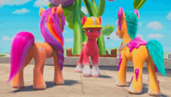 Size: 686x389 | Tagged: safe, imported from derpibooru, screencap, hitch trailblazer, sprout cloverleaf, sunny starscout, earth pony, pony, spoiler:my little pony: make your mark chapter 2, spoiler:myms01e02, animated, butt, clothes, female, g5, growing pains, hard hat, hat, hitchbutt, i watch it for the ears, male, mare, my little pony: make your mark, my little pony: make your mark chapter 2, plot, stallion, sunny starbutt, trio