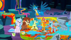 Size: 1600x898 | Tagged: safe, imported from derpibooru, screencap, gallus, ocellus, sandbar, silverstream, smolder, yona, changedling, changeling, classical hippogriff, dragon, earth pony, griffon, hippogriff, pony, yak, uprooted, bow, cloven hooves, colored hooves, dragoness, female, hair bow, hand on hip, jewelry, male, monkey swings, mouth hold, necklace, paint, sapling, student six