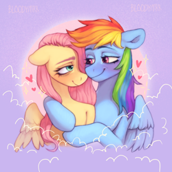 Size: 3000x3000 | Tagged: safe, artist:bloodymrr, imported from derpibooru, fluttershy, rainbow dash, pegasus, pony, blushing, bust, cloud, female, flutterdash, heart, hug, lesbian, love, portrait, relationship, shipping, smiling, wings