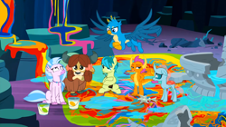 Size: 1600x898 | Tagged: safe, imported from derpibooru, screencap, gallus, ocellus, sandbar, silverstream, smolder, yona, changedling, changeling, classical hippogriff, dragon, earth pony, griffon, hippogriff, pony, yak, uprooted, bow, cloven hooves, colored hooves, crossed arms, dragoness, female, frown, hair bow, hand on hip, looking up, male, monkey swings, mouth hold, sapling, student six
