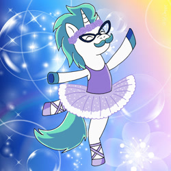 Size: 2000x2000 | Tagged: safe, artist:fabiounicorn, imported from derpibooru, oc, oc only, oc:fabio, pony, unicorn, ballerina, ballet, ballet slippers, clothes, crossdressing, eyes closed, facial hair, floral head wreath, flower, glasses, male, moustache, stallion, standing, standing on one leg, tutu