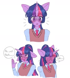 Size: 1700x1900 | Tagged: safe, artist:exxi00, imported from derpibooru, twilight sparkle, anthro, blushing, cardigan, clothes, embarrassed, floppy ears, necktie, ponytail, school uniform, simple background, solo, white background