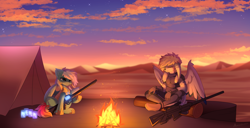 Size: 4240x2173 | Tagged: safe, artist:airiniblock, imported from derpibooru, oc, oc:sage, oc:typh, anthro, pony, campfire, duo, fire, gun, mountain, rcf community, rifle, scenery, sunset, tent, weapon