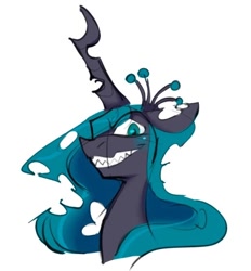 Size: 522x562 | Tagged: safe, artist:nitaru, imported from derpibooru, queen chrysalis, changeling, changeling queen, crown, evil grin, female, grin, horn, jewelry, looking at you, smiling, solo