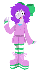 Size: 1280x2356 | Tagged: safe, artist:doodlegamertj, imported from derpibooru, oc, oc only, oc:mable syrup, human, equestria girls, boots, bow, clothes, deaf, dress, gray eyes, gregory horror show, hair bow, happy, platform boots, purple hair, shoes, simple background, socks, solo, striped socks, transparent background, waving